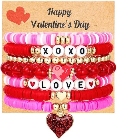 Valentine's day Bracelets for Women Girls Heishi Surfer Pink Clay Bead Bracelet Set Love Heart Bracelets Bulk Cute Pink Red Stackable Stretch Bracelets Birthday Accessories Jewelry Gifts-7pcs in Saudi Arabia