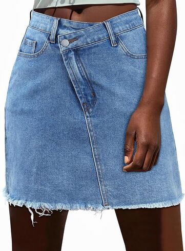 تنورة نسائية غير متناظرة من قماش الدنيم مع جيوب بخصر عالٍ وأزرار أمامية من جان سكورت Y2K تنورة صغيرة in Kuwait