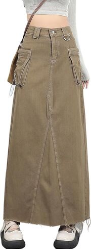 تنورة نسائية من الدنيم تنورة طويلة عالية الخصر بحاشية خام وجيوب واسعة وتنورة جينز طويلة مع فتحة في الخلف Y2k ملابس الشارع in Kuwait