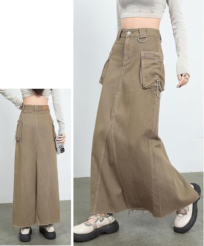 تنورة نسائية من الدنيم تنورة طويلة عالية الخصر بحاشية خام وجيوب واسعة وتنورة جينز طويلة مع فتحة في الخلف Y2k ملابس الشارع in Kuwait