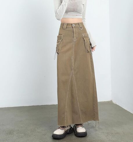 تنورة نسائية من الدنيم تنورة طويلة عالية الخصر بحاشية خام وجيوب واسعة وتنورة جينز طويلة مع فتحة في الخلف Y2k ملابس الشارع in Kuwait