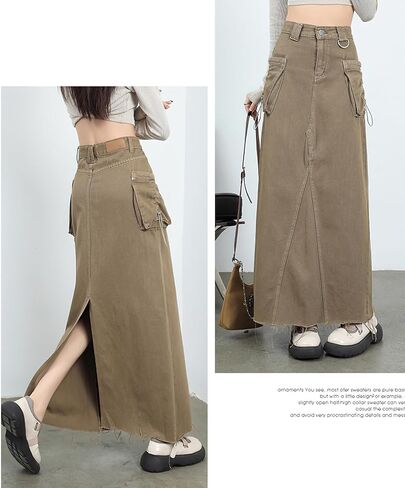 تنورة نسائية من الدنيم تنورة طويلة عالية الخصر بحاشية خام وجيوب واسعة وتنورة جينز طويلة مع فتحة في الخلف Y2k ملابس الشارع in Kuwait