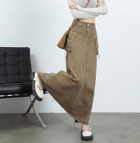 تنورة نسائية من الدنيم تنورة طويلة عالية الخصر بحاشية خام وجيوب واسعة وتنورة جينز طويلة مع فتحة في الخلف Y2k ملابس الشارع in Kuwait