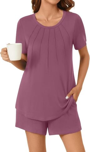 Anyhold Women's 2 Piece Pajama Sets, Short Sleeve Plus Size Lounge Sleepwear Ladies Pjs Sets with Pockets in Saudi Arabia