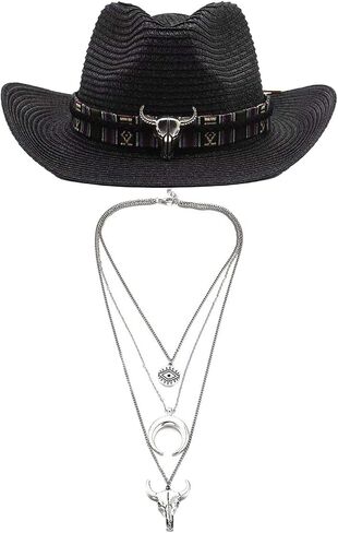 Straw Cowboy Hat with Western Necklaces for Women,Western Cowgirl Hat,Classic Straw Hat,Wide Brim Sun Hat,Bohemian Turquoise Jewelry for Woman in Saudi Arabia