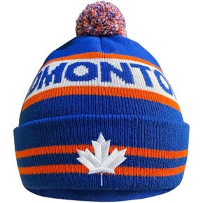 Dutern Canada Maple Leaf Edmonton City Hockey Embroidery Classic Pom Cuff Edmonton Beanie Hat Cuffed Winter Hat Knit Toque Skull Cap Blue in Kuwait