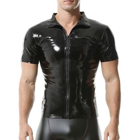 Mens Faux Leather Undershirt Tank Top Shirt Black Shiny Short Sleeve Glossy Undershirt Clubwear