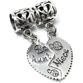 Queenberry Sterling Silver Aunt Niece Love Heart Dangle Pendant Family Bead For European Charm Bracelets