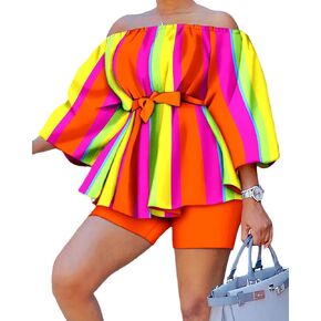 Tinodu Womens Summer 2 Piece Outfits Print Off Shoulder Shorts Sets Casual Sexy Pants Set