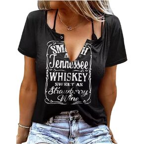 Smooth As Tennessee Whiskey Sweet As Strawberry Wine Country Music Tee Shirt for Women Summer Ring Hole V Neck T Shirts