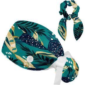 Classic Tropical Vintage Style Scrub Caps Surgical Women with Button Adjustable Hats Surgical Caps with Scrunchie for Women