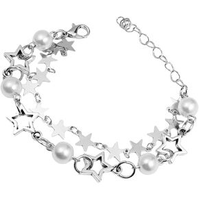 2Pcs Set Y2K Star Pearl Beaded Chain Adjustable Aesthetic Bracelet Bracelet Chain Grunge Gift for Women Girl Jewelry Gifts Punk Gothic Link Dainty Bracelet Transparent Star