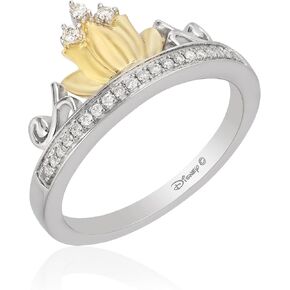 Jewelili Enchanted Disney Fine Jewelry Sterling Silver and 10kt Yellow Gold 1/10 Cttw Diamond Tiana Water Lily Tiara Ring