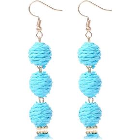 Raffia Earrings Boho Rattan Earrings Round Ball Dangle Drop Earrings for Women Girls Handmade Braid Rattan Ball Statement Earrings Summer Beach Accessory Gifts