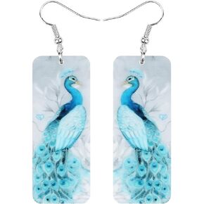 Bonsny Big Dangle Rectangle Blue Elegant Peafowls Earrings Birds Fashion Jewelry For Women Girls