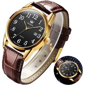 OLEVS Men Watch Leather Analog Quartz Male Dress Week Date Business Classic Luminous Leather Strap 3ATM Waterproof Wrist Watch Lovers