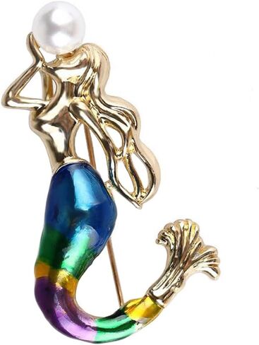 Mermaid Brooch Beautiful Pearl Mermaid Lapel Pin Painting Enamel Brooch Badge Mermaid Brooches Pin Women Elegant Jewelry Pin Backpack Cloths Hats Accessories Gifts, Metal, no gemstone in Kuwait