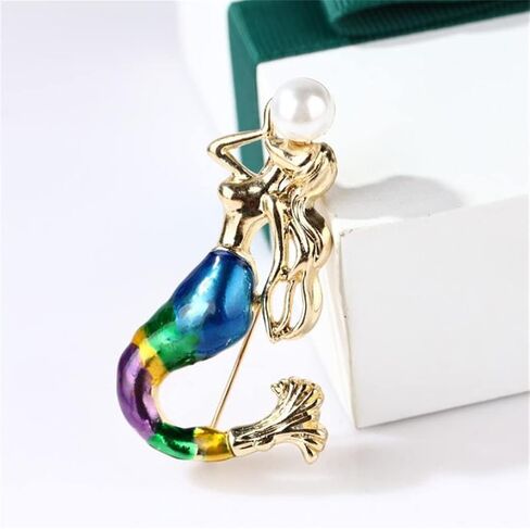 Mermaid Brooch Beautiful Pearl Mermaid Lapel Pin Painting Enamel Brooch Badge Mermaid Brooches Pin Women Elegant Jewelry Pin Backpack Cloths Hats Accessories Gifts, Metal, no gemstone in Kuwait