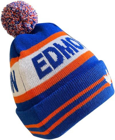Dutern Canada Maple Leaf Edmonton City Hockey Embroidery Classic Pom Cuff Edmonton Beanie Hat Cuffed Winter Hat Knit Toque Skull Cap Blue in Kuwait