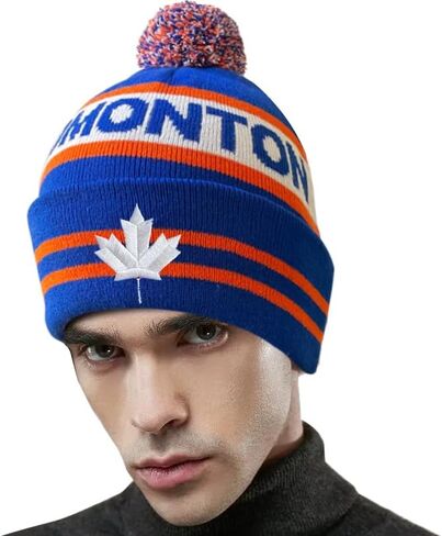 Dutern Canada Maple Leaf Edmonton City Hockey Embroidery Classic Pom Cuff Edmonton Beanie Hat Cuffed Winter Hat Knit Toque Skull Cap Blue in Kuwait