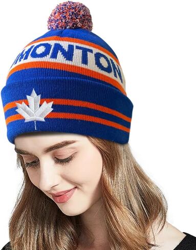 Dutern Canada Maple Leaf Edmonton City Hockey Embroidery Classic Pom Cuff Edmonton Beanie Hat Cuffed Winter Hat Knit Toque Skull Cap Blue in Kuwait