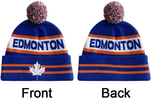 Dutern Canada Maple Leaf Edmonton City Hockey Embroidery Classic Pom Cuff Edmonton Beanie Hat Cuffed Winter Hat Knit Toque Skull Cap Blue in Kuwait