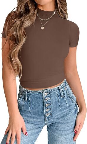 تي شيرت نسائي من PINKMSTYLE ببطانة مزدوجة ورقبة وهمية صيفية بأكمام قصيرة in Kuwait