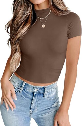 تي شيرت نسائي من PINKMSTYLE ببطانة مزدوجة ورقبة وهمية صيفية بأكمام قصيرة in Kuwait