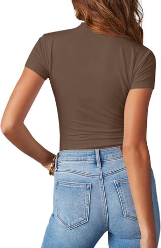 تي شيرت نسائي من PINKMSTYLE ببطانة مزدوجة ورقبة وهمية صيفية بأكمام قصيرة in Kuwait