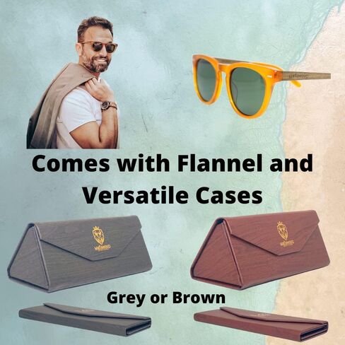نظارة شمسية عصرية بلون برتقالي من الاسيتات الشفاف مع اذرع خشبية بنية وعدسات خضراء مستقطبة، خفيفة ومريحة للغاية، انجيليم مافياوود، بني، مقاس M, بني in Kuwait