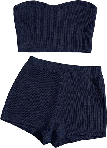 Women's Knitted 2 Piece Outfit Ribbed Crop Top Sleeveless Bandeau Tube Tops and Track Shorts Set in Saudi Arabia