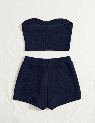 Women's Knitted 2 Piece Outfit Ribbed Crop Top Sleeveless Bandeau Tube Tops and Track Shorts Set in Saudi Arabia
