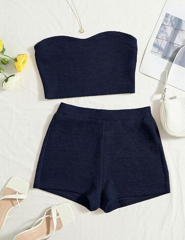 Women's Knitted 2 Piece Outfit Ribbed Crop Top Sleeveless Bandeau Tube Tops and Track Shorts Set in Saudi Arabia