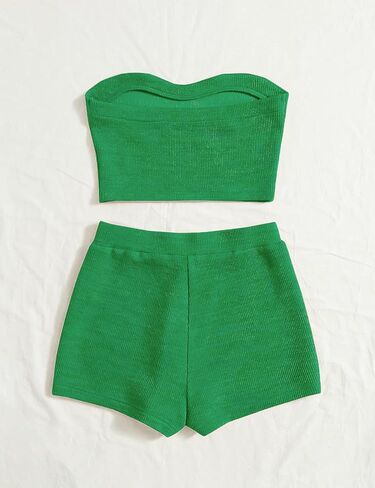 Women's Knitted 2 Piece Outfit Ribbed Crop Top Sleeveless Bandeau Tube Tops and Track Shorts Set in Kuwait