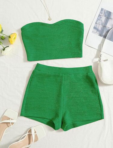 Women's Knitted 2 Piece Outfit Ribbed Crop Top Sleeveless Bandeau Tube Tops and Track Shorts Set in Kuwait