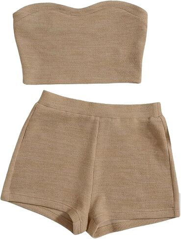 Women's Knitted 2 Piece Outfit Ribbed Crop Top Sleeveless Bandeau Tube Tops and Track Shorts Set in Saudi Arabia