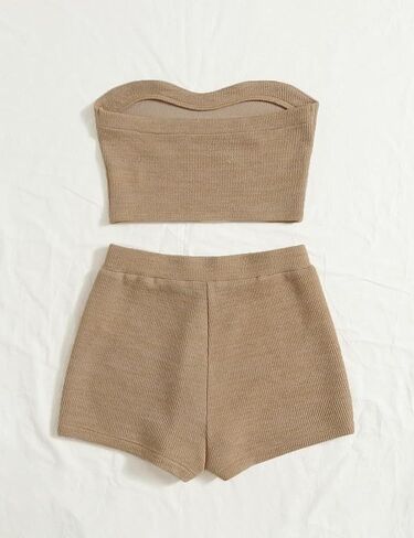 Women's Knitted 2 Piece Outfit Ribbed Crop Top Sleeveless Bandeau Tube Tops and Track Shorts Set in Saudi Arabia