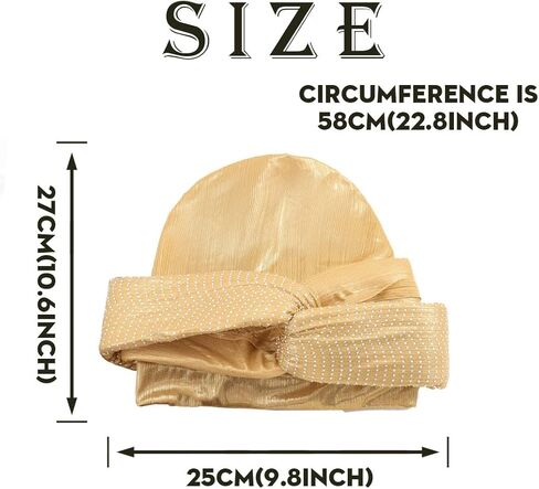 Yeilhile Pre-Tied Turban Gold Rhinestone Headwrap Round Bonnet Beanie Cap Headbands for Women (Pack of 2), Gold, One size in Kuwait