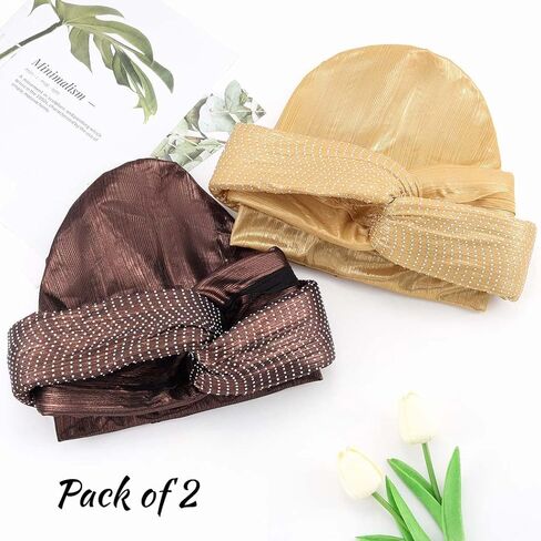 Yeilhile Pre-Tied Turban Gold Rhinestone Headwrap Round Bonnet Beanie Cap Headbands for Women (Pack of 2), Gold, One size in Kuwait