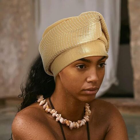 Yeilhile Pre-Tied Turban Gold Rhinestone Headwrap Round Bonnet Beanie Cap Headbands for Women (Pack of 2), Gold, One size in Kuwait