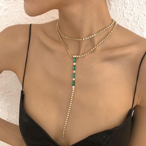 Vcagirest لامعة حجر الراين كريستال المختنق قلادة الأخضر شرابة الماس قلادة مثير كريستال الظهر سلسلة حفلة موسيقية مهرجان بيان مجوهرات للنساء الفتيات (Silver1) in Kuwait