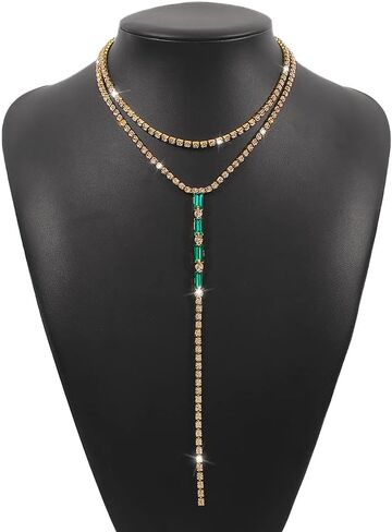 Vcagirest لامعة حجر الراين كريستال المختنق قلادة الأخضر شرابة الماس قلادة مثير كريستال الظهر سلسلة حفلة موسيقية مهرجان بيان مجوهرات للنساء الفتيات (Silver1) in Kuwait