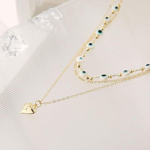 HZMAN Layered Necklace for Women 14K Gold Plated Love Heart Pendant Necklace Dainty Evil Eye Beads Thin Gold Choker Necklaces Jewelry Gift in Saudi Arabia