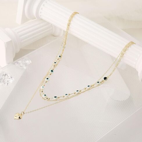 HZMAN Layered Necklace for Women 14K Gold Plated Love Heart Pendant Necklace Dainty Evil Eye Beads Thin Gold Choker Necklaces Jewelry Gift in Saudi Arabia