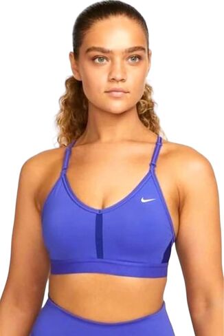 حمالة صدر رياضية مبطنة للتدريب Dri-FIT Indy Lapis باللون الأزرق برقبة على شكل V من Nike Dri-FIT ودعم خفيف DM6069-010 كبير L in Saudi Arabia