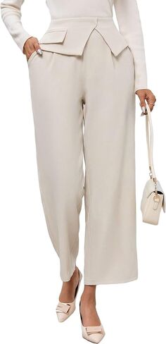 MakeMeChic Women's Wide Leg Business Work Suit Pants Solid Slant Pocket High Waist Casual Trousers in Saudi Arabia