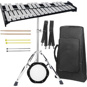 Professional 30 Note Glockenspiel Xylophone Bell Kit, Muted Practice Pad Percussion Kit for Adult, with Three Types of Drumsticks, Adjustable Stand&Carrying Bag