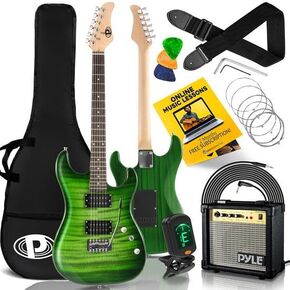 Pyle Electric Guitar Kit with Amp, Full Size Instrument with Humbucker Pickups, Guitarra Electrica Amplifier and Beginner Bundle Accessories, 39" Black