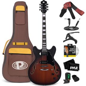 Pyle Semi Hollow Body Electric Guitar Set, 41.8" Full Size Jazz Instrument Kit with Gig Bag and Accessories, Matte Sunburst