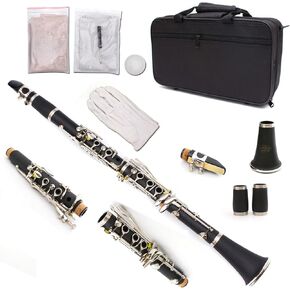 Bb Clarinet for Student Ebonite Body Nickel-Plated B Flat 17 key Beginner Clarinet set 2 Barrels with Cleaning Cloth Gloves Black Orchestra Musical Instrument